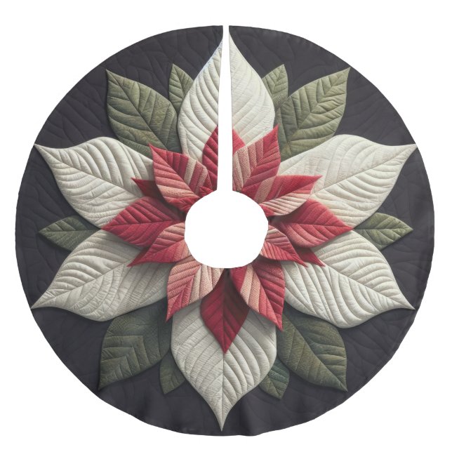 Stechmuster Poinsettia Rot Grün Schwarz Polyester Weihnachtsbaumdecke (Vorderseite)