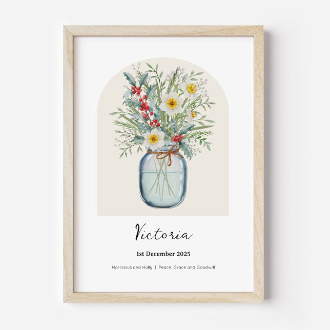 Stechpalme Narzisse Dezember Geburtsblume Poster (Personalised December Birth Month Flower Bouquet in Vase Poster | Holly and Narcissus.)