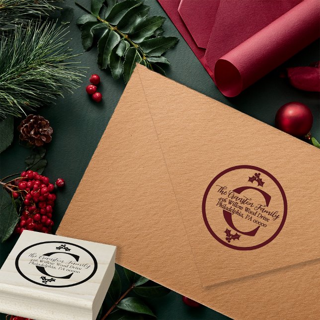 Stechpalme und Beeren Weihnachts-Monogramm Gummistempel (Elegant Holly and Berries Christmas Holiday Monogram and Return Address Rubber Stamp)