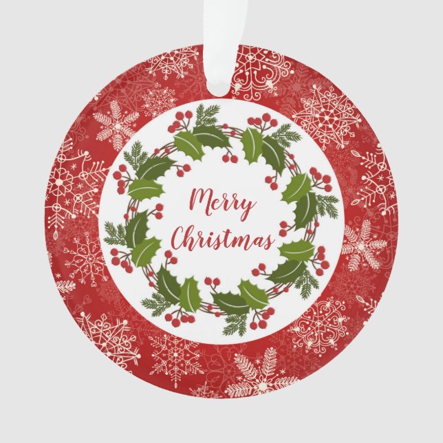 Stechpalme Wreath, Schneeflocken WeihnachtsFoto Ornament (Vorderseite)