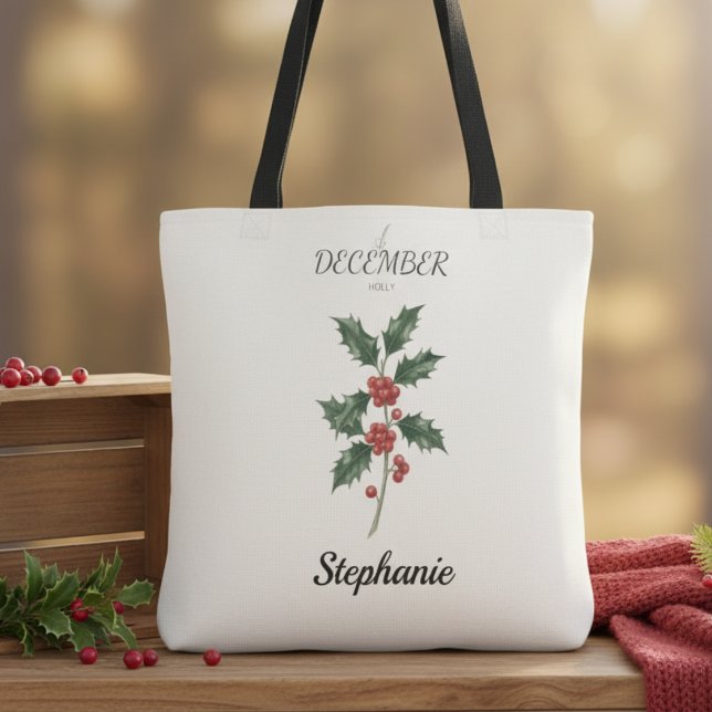 Stechpalme zum Geburtstag im Dezember (December birth month flower holly birthday tote bag)