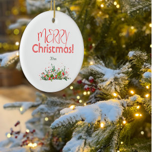 Stechpalmen-Beeren Frohe Weihnachten Wasserfarbfot Keramik Ornament