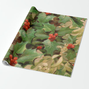 Stechpalmen-Beeren-Grün-Weihnachten-Festtage-Vinta Geschenkpapier