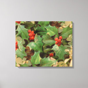 Stechpalmen-Beeren-Grün-Weihnachten-Festtage-Vinta Leinwanddruck