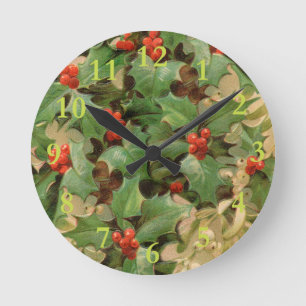Stechpalmen-Beeren-Grün-Weihnachten-Festtage-Vinta Runde Wanduhr