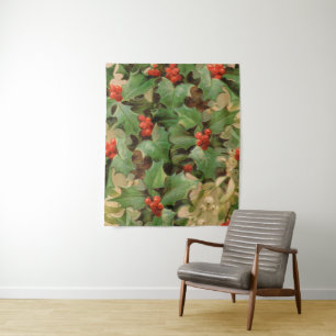 Stechpalmen-Beeren-Grün-Weihnachten-Festtage-Vinta Wandteppich