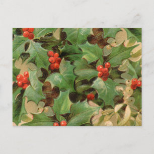 Stechpalmen-Beeren-Grün-Weihnachten-Festtags-Vinta Feiertagspostkarte