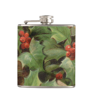 Stechpalmen-Beeren-Grün-Weihnachten-Vintage Flachmann