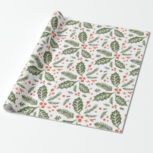 Stechpalmen-Beeren-Handzeichnung Muster Grün Geschenkpapier