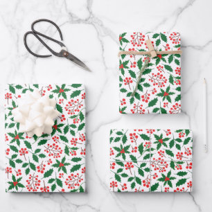Stechpalmen-Beeren Rot Grün Botanisch Weihnachten Geschenkpapier Set