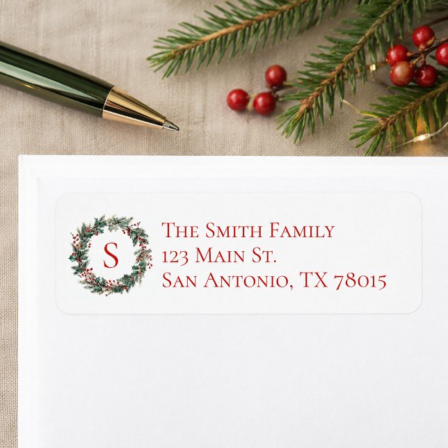 Stechpalmen-Monogramm-Adresse für die Feiertage (Christmas Holly Monogrammed Holiday Address Label)