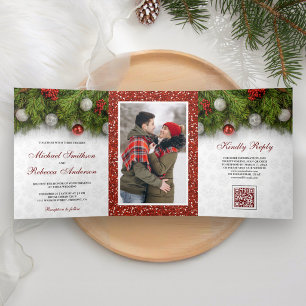 Stechpalmen-Weihnachts-QR-Code-Hochzeit Dreifach Gefaltete Einladung