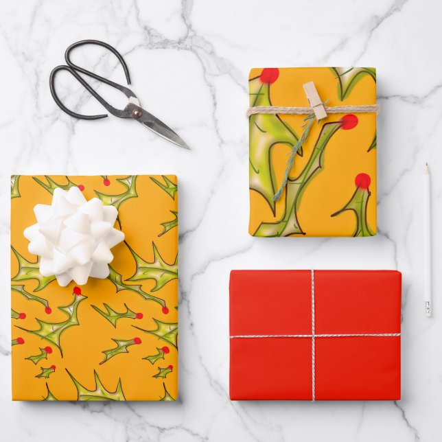Stechpalmenblätter auf Gelbgold  Geschenkpapier Set (Vorderseite)