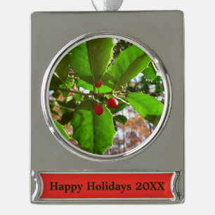 Stechpalmenblätter II Urlaub Natur Botanik Banner-Ornament Silber