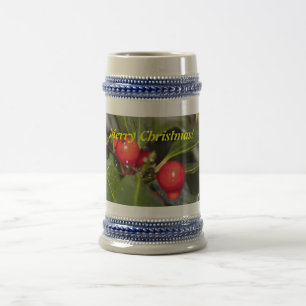 Stechpalmenblätter und rote Beeren, Weihnachten Bierglas