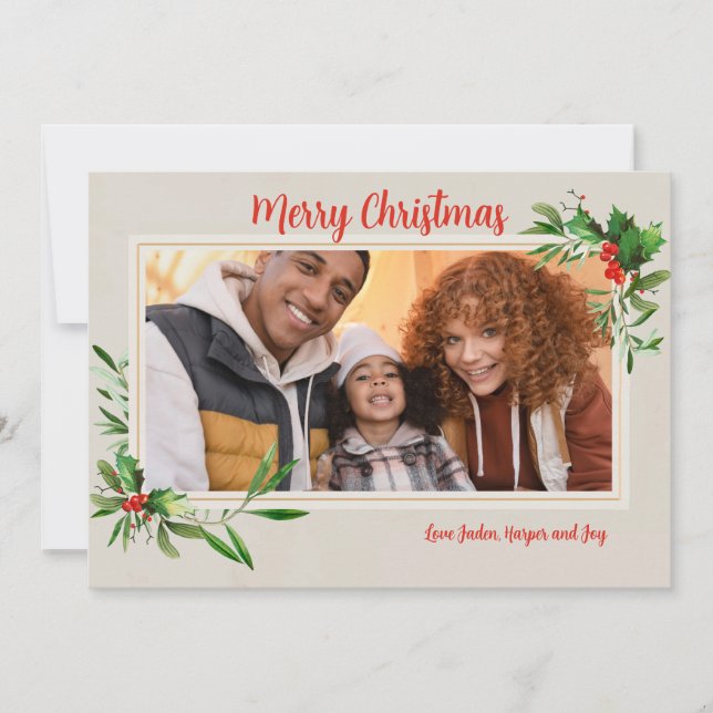 Stechpalmenrahmen Foto Feiertagskarte (Vorderseite)