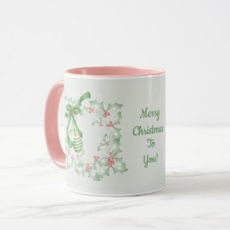 Stechpalmenzweige hellgrün rosa Weihnachten Tasse