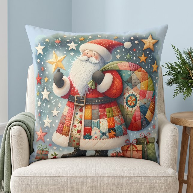 Stechwork Weihnachten mit Weihnachtsstern Kissen (Quilted Patchwork Santa with Christmas Stars Throw Pillow)