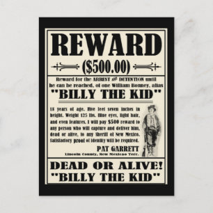 Steckbrief Billy the Kid Postkarte