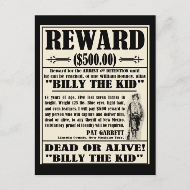Steckbrief Billy the Kid Postkarte (Vorderseite)