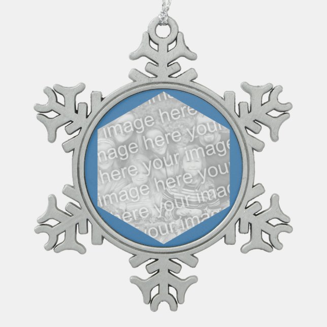 Steel Blue Hexagon Foto Border Schneeflocken Zinn-Ornament (Vorderseite)
