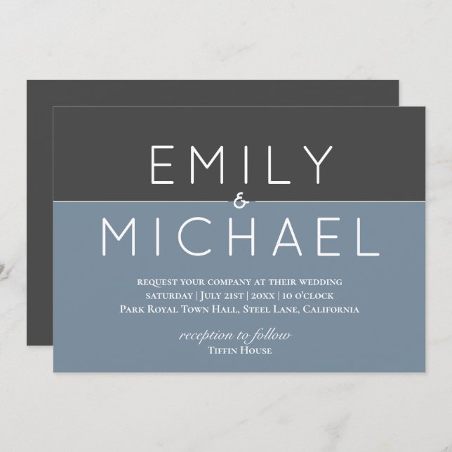 Steel Blue Modern Wedding Einladung - Bold (Vorne/Hinten)