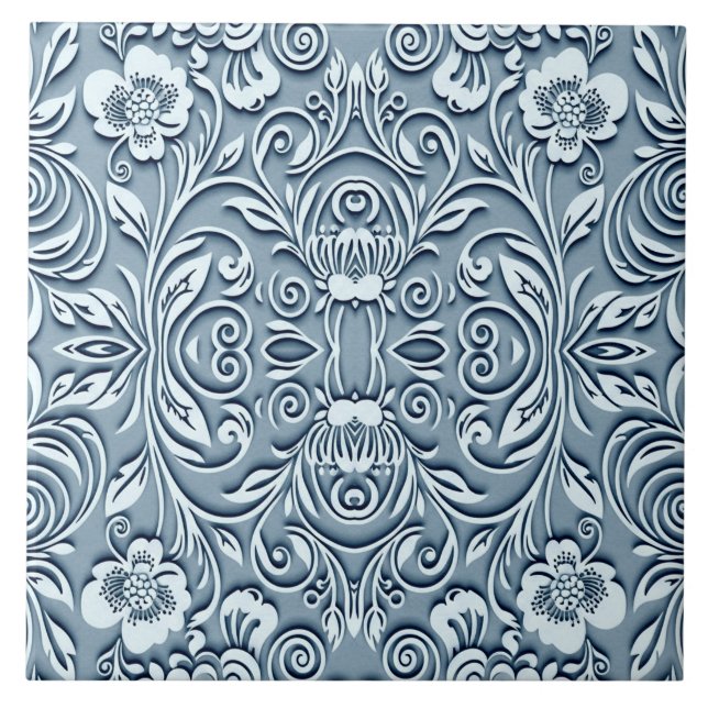 Steel Blue Symmetric Embossed Floral Design Fliese (Vorderseite)