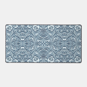 Steel Blue Symmetric Embossed Floral Design Schreibtischunterlage