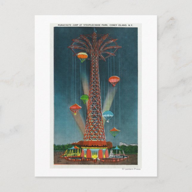 Steeplechase Park Parachute Jump View bei Nacht Postkarte (Vorderseite)