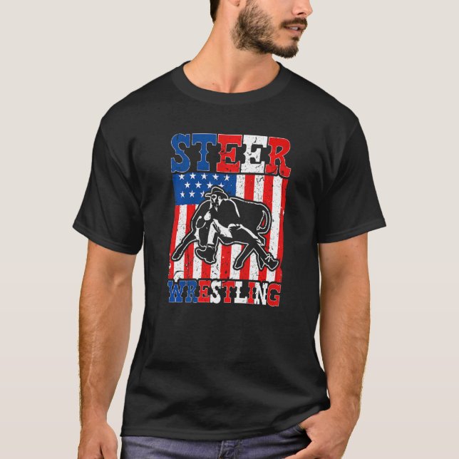 Steer Wrestling Patriotic American Flag Rodeo Bull T-Shirt (Vorderseite)
