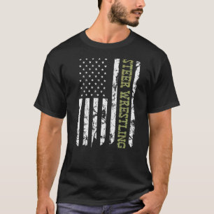 Steer Wrestling Patriotic American Flag Rodeo Bull T-Shirt
