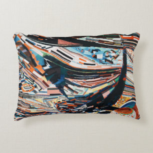 Steg mit braunem und blauem Holzschiff Dekokissen