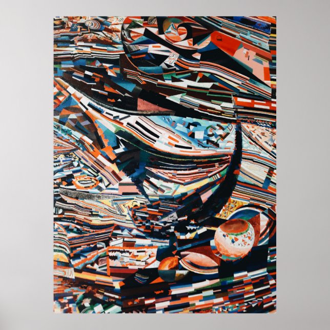 Steg mit braunem und blauem Holzschiff Poster (Vorne)