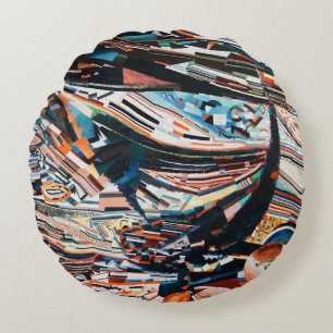 Steg mit braunem und blauem Holzschiff Rundes Kissen