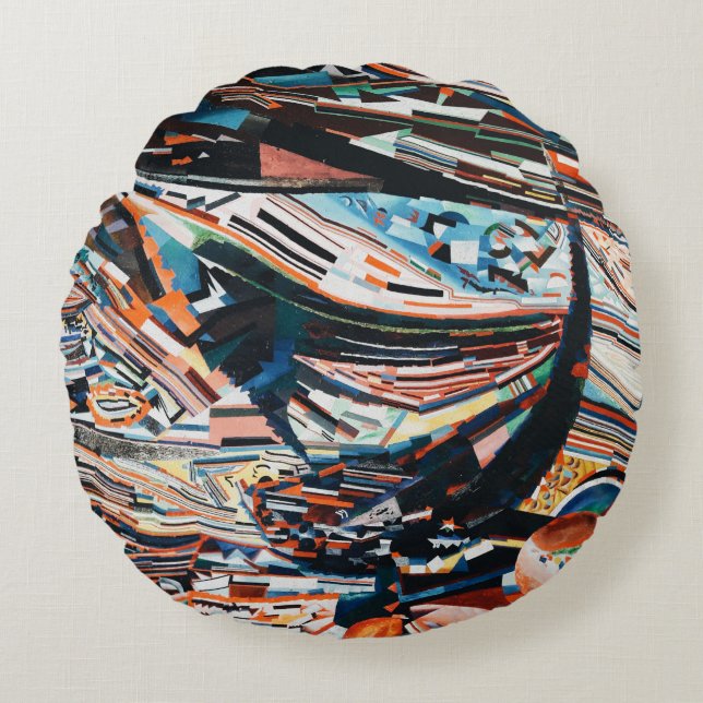 Steg mit braunem und blauem Holzschiff Rundes Kissen (Vorderseite)