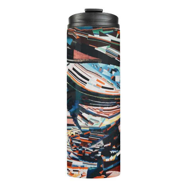 Steg mit braunem und blauem Holzschiff Thermosbecher (Vorderseite)