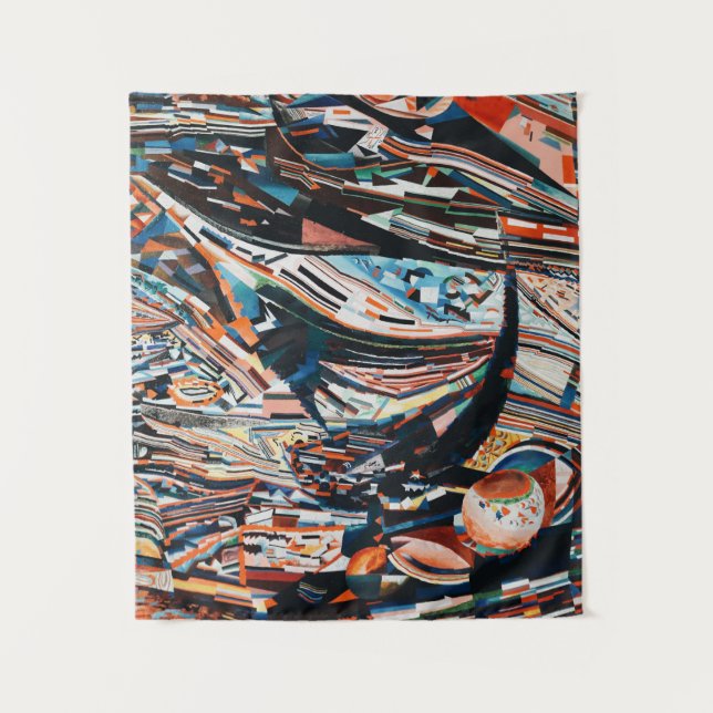 Steg mit braunem und blauem Holzschiff Wandteppich (Vorderseite)