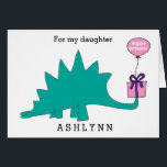 Stegosaurus Dinosaur Birthday Daughter<br><div class="desc">Eine Sterosaurus-Dinosaurier Geburtstagstochter-Karte mit einem Happy Birthday-Ballon an der Gegenwart. Sie können die Dinosaurier-Geburtstagskarte dieses Mädchens leicht mit ihrem Namen personalisieren. Im Inneren der Geburtstagskarte steht "Größter Geburtstag wünscht sich eine Dino-Milbe!", was man auch ändern kann, wenn man möchte. Auf der Rückseite steht "Happy Birthday 2018". Gut für das Geburtstagsmädchen,...</div>