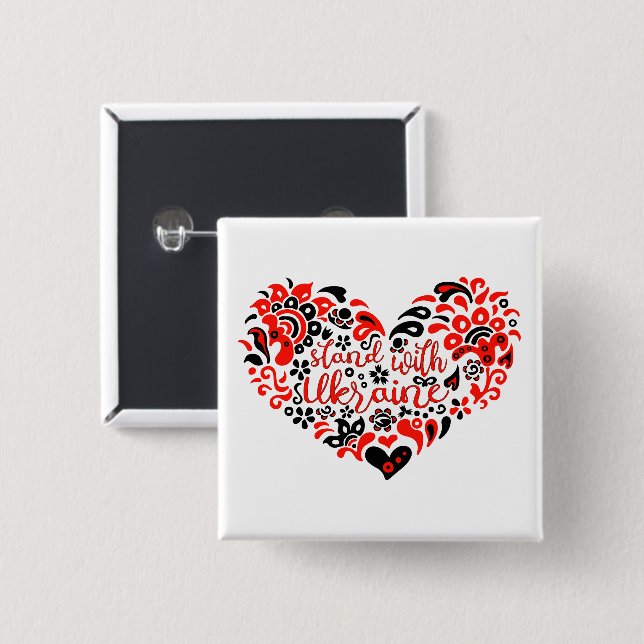Stehen Sie mit ukrainischer Schrift und Herz Button (Vorne & Hinten)