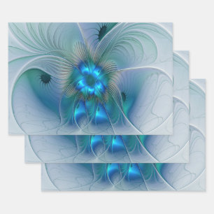 Stehende Ovationen, abstrakte blaue Türkis-Fraktal Geschenkpapier Set