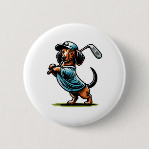 Stehender Dachshund Wiener Hund schwingt Golfschlä Button