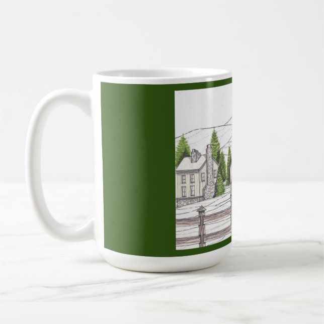 Steinbauernhof Winter Dunkelgrüne Tasse (Links)