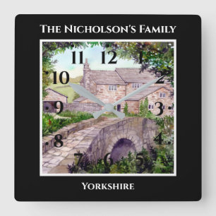 Steinbrücke England Aquarell-Gemälde Schwarz Quadratische Wanduhr