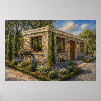 Steincottage-Rosen- und Lavendelgarten-Ölgemälde Poster