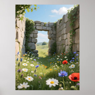 Steinmauer-Ruine Wiesenblumen Kunst Poster