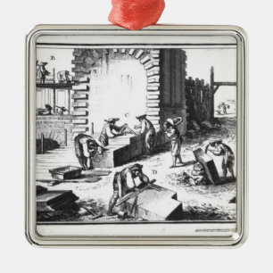Steinmetze bei der Arbeit, graviert durch Lucotte Silbernes Ornament