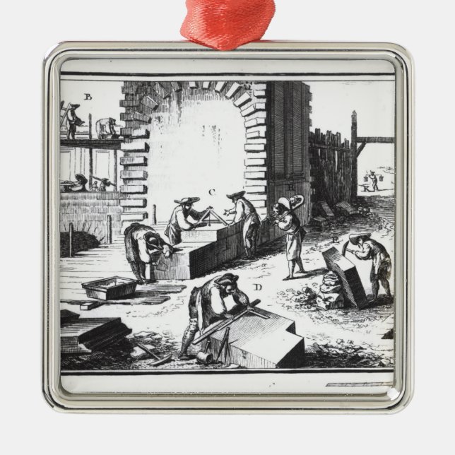 Steinmetze bei der Arbeit, graviert durch Lucotte Silbernes Ornament (Vorne)