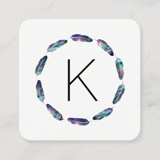 Stellar Federmuster mit Monogramm Quadratische Visitenkarte (Vorderseite)