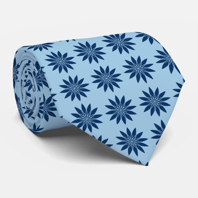 Stellar Geometric Floral Sky Blue & Navy zweiseiti Krawatte (Gerollt)
