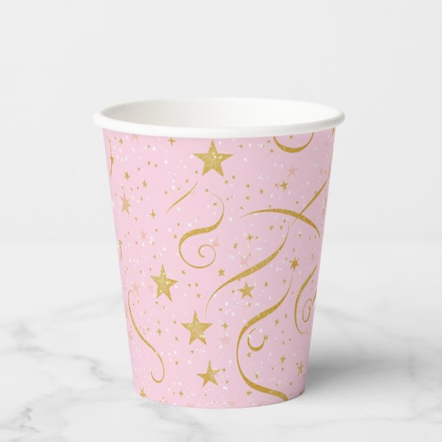Stellar Sip - Pink & Gold Star Paper Cup Pappbecher (Vorderseite)